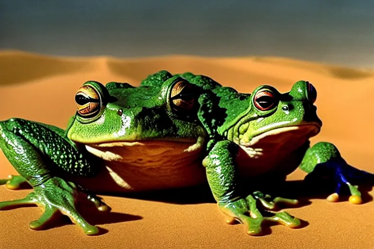 Image similar to a giant frog sitting with boxer mike tyson in the desert, mike tyson with a toad, mike tyson movie directed by martin scorsese and christopher nolan, masterpiece, 8 h