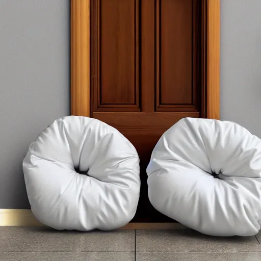 Prompt: Security camera photo of 2 flying pillows, photo was taken in front of someone door, realistic, low resolution.