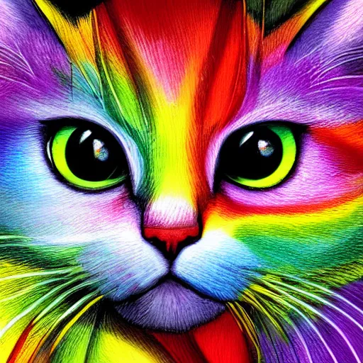 Image similar to portrait friendly cute happy stylish realistic rainbow cat. background in the style of art nouveau. lively. colorful. hd.