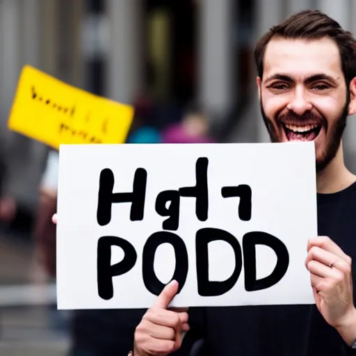 Image similar to photograph of smiling man holding a protest sign saying'xd ', high detail, 8 k resolution