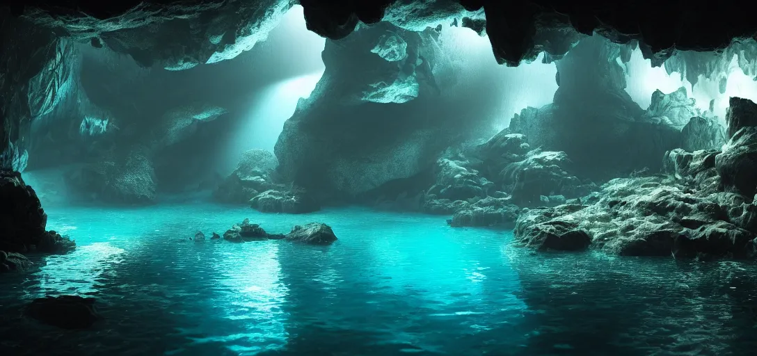 Image similar to beautiful view of an underwater cavern, glowing water with caustics, dark atmosphere, dappled light, reflections, light rays. refraction, symmetry, cinematic lighting, ultra detailed, sharp, ambient occlusion, bloom, raytracing, by dylan cole, sebastian meyer and jordan grimmer