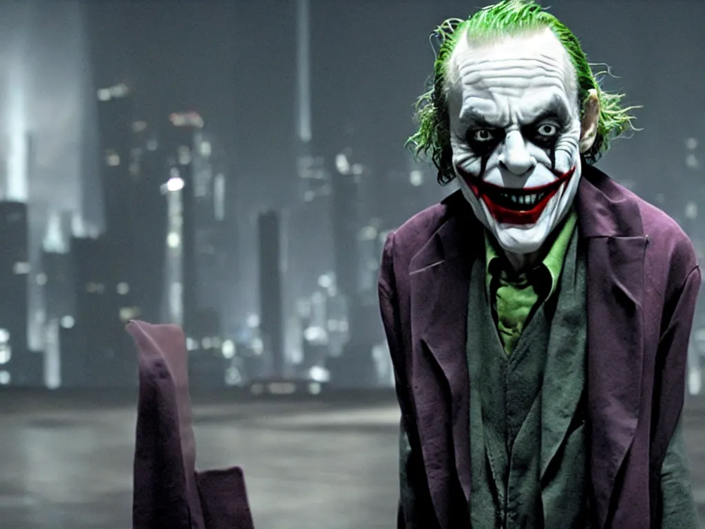 Prompt: film still of christopher lloyd as the joker in the dark knight movie 2 0 0 8, cinematic lighting, rule of thirds