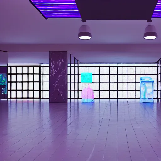 Image similar to vaporwave 9 0 s dreamy empty shopping mall, highly detailed, 3 d render, vray, octane, realistic lighting, photorealistic