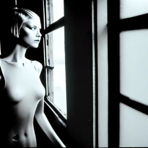 Image similar to runaway beautiful supermodel replicant looking out the window in a dirty abandoned factory, short blonde hair, still from closed circuit tv footage, high angle