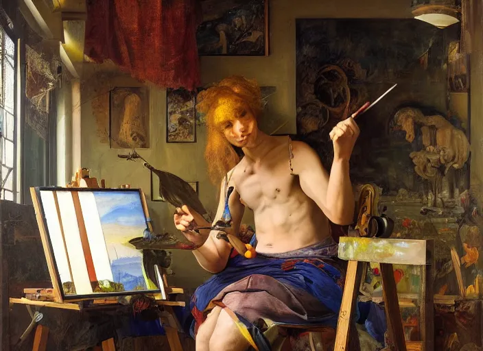 Image similar to a young painter in his studio painting a picture of a colourful pokemon, by edgar maxence and caravaggio and michael whelan and delacroix style, artistic, intricate drawing, cinematic lighting, hyper realistic, extremely detailed, establishing shot, 8 k resolution, dramatic lighting