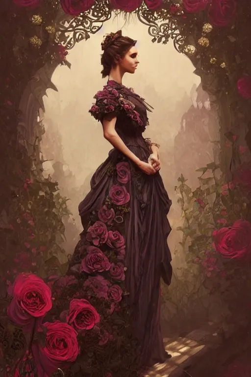 Image similar to Nina Dobrev dressed in a victorian roses dress fashion, D&D, fantasy, intricate, elegant, highly detailed, digital painting, artstation, concept art, matte, sharp focus, illustration, art by Artgerm and Greg Rutkowski and meredit frampton and Alphonse Mucha