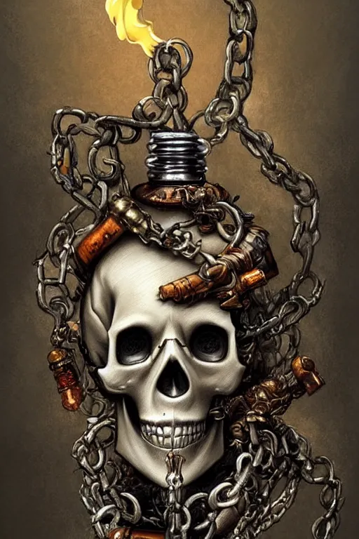 Prompt: beutifull and very tired womanlooking pile off empty bottles, skull made out of smoke coming out of bottles,, fantasy, intricate, elegant, highly detailed, digital painting, artstation, concept art, addiction, chains, smooth, sharp focus, illustration, art by Ilja Repin