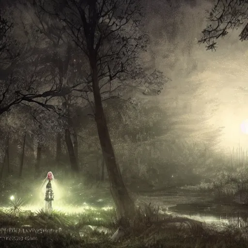 Image similar to goth woman in a moonlight view, in a forest, a river, tankoban, 4 k, tone mapping, akihiko yoshida, james jean andrei riabovitchev marc simonetti, yoshitaka amano, long hair, curly, h. hydrochaeri