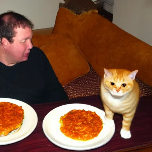 Image similar to fat orange tabby cat next to curly haired man and lasagna on table, jim davis