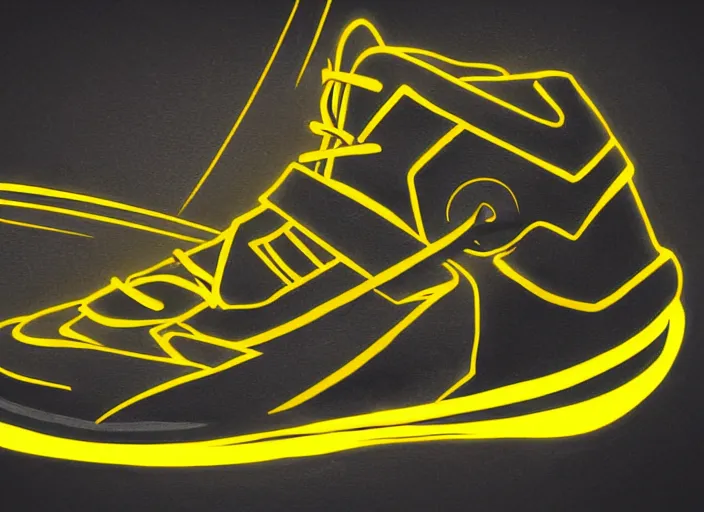 Image similar to glowing black basketball sneaker, wth short golden lines, yellow details, symmetrical, highly detailed, digital art, sharp focus, trending on art station, samurai, electricity superpowers, anime art style