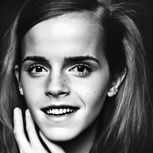 Prompt: Emma Watson closeup of face shoulders and very long hair hair grinning grinning teeth Vogue fashion shoot by Peter Lindbergh fashion poses detailed professional studio lighting dramatic shadows professional photograph by Cecil Beaton, Lee Miller, Irving Penn, David Bailey, Corinne Day, Patrick Demarchelier, Nick Knight, Herb Ritts, Mario Testino, Tim Walker, Bruce Weber, Edward Steichen, Albert Watson