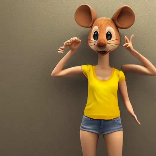 Image similar to 3 d render, portrait, upper body shot, mid shot, anthropomorphic mouse, female, wearing denim short shorts and a off yellow tank top shirt, in the style of robben hood