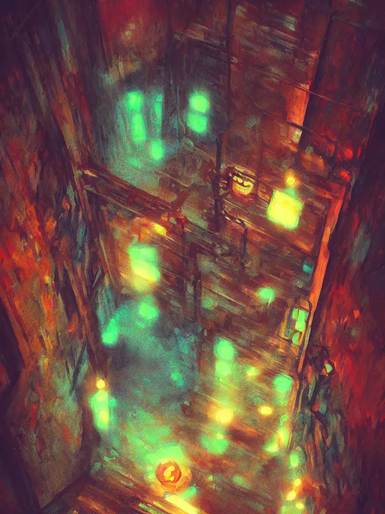 Image similar to look down a cellar staircase, neon lights, bird‘s-eye view, digital painting, concept art, smooth, sharp focus, hyperrealistic, illustration, artstation trending