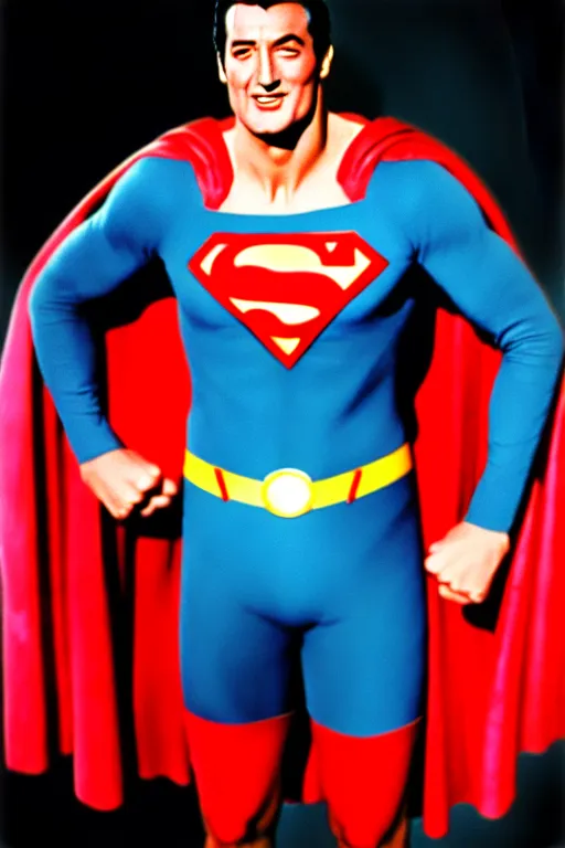 Image similar to rock hudson playing superman in, superhero, dynamic, 3 5 mm lens, heroic, studio lighting, in colour