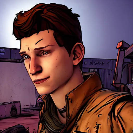 Prompt: tom holland portrait, borderlands, tales from the borderlands, the wolf among us, comic, cinematic lighting, studio quality, 8 k