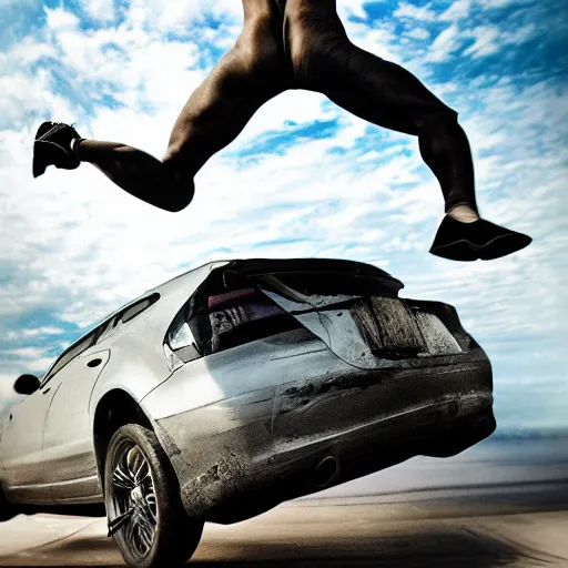 Prompt: car jumping, bodybuilder, woman, holding, photo, digital art, hands, underbody, tire, throw, standing