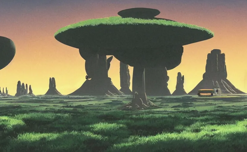 Image similar to a cell - shaded studio ghibli concept art from paprika ( 2 0 0 6 ) of a ufo with lights from close encounters of the third kind ( 1 9 7 7 ) sitting on top of a lush temple that looks like monument valley stonehenge jungle. a caravan is in the foreground. very dull colors, portal, hd, 4 k, hq