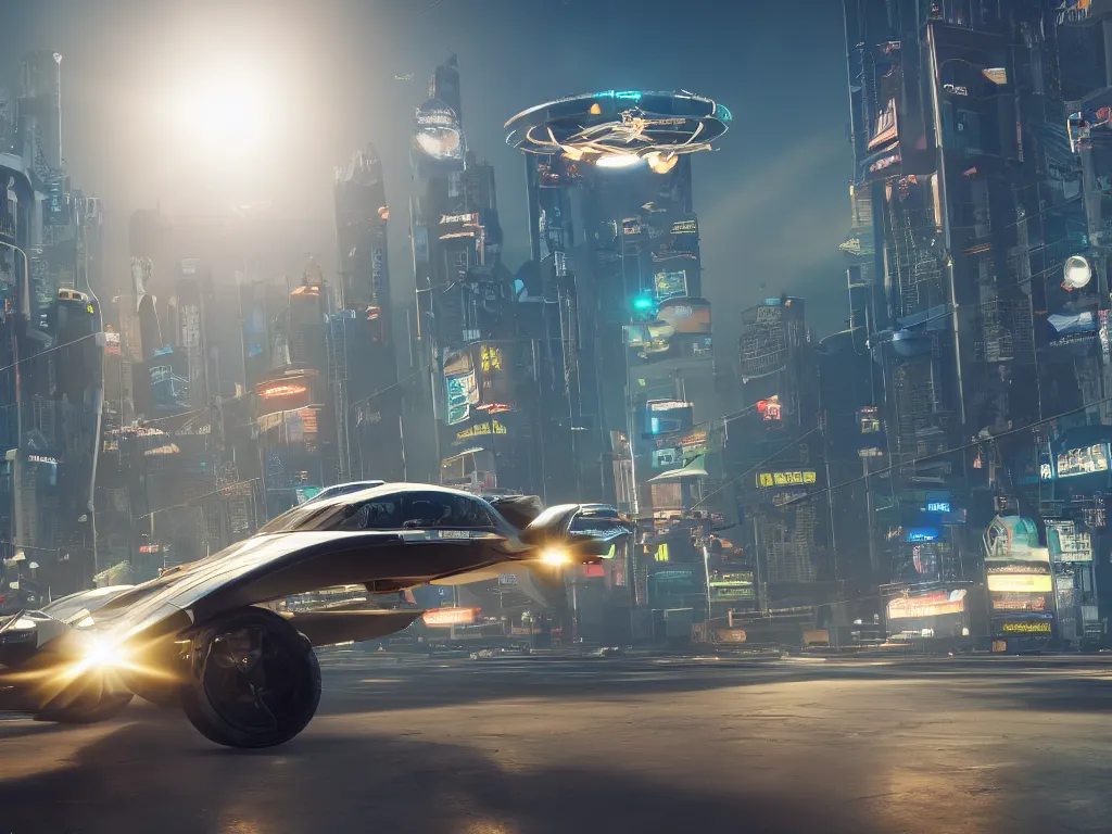 Prompt: photorealistic Flying Cars on cyberpunk roads. daylight. sunlight. lens flare. light fixtures. 8K. detailed. photorealism. artstation. 25mm f/1.7 ASPH Lens. ultra realistic