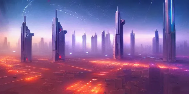 Prompt: giant glowing futuristic cubes in the sky, a cyberpunk dubai city seen in the distance, atmospheric lighting, intricate, volumetric lighting, beautiful, sharp focus, ultra detailed, in the art style of marc simonetti, bowater charlie and brom gerald, astrophotography