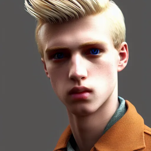 Prompt: A videogame portrait of a blond young Irish man. Male model. Dressed in 1980s style. Highly detailed, fine Art, high detail, great lighting, 8k resolution, masterpiece, concept art, illustration, clear eyes, painting oil on canvas, octane render, HDR, trending on artstation, 4k, 8k, HD