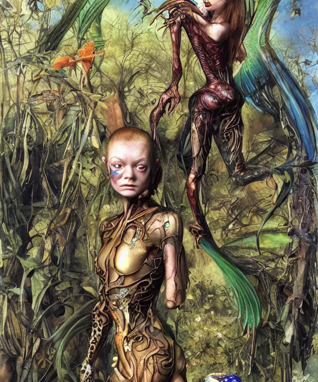 Image similar to a portrait photograph of a harpy cyborg with slimy skin being transformed into a beautiful alien. she looks like sadie sink and is wearing a colorful infected sleek organic catsuit. by donato giancola, hans holbein, walton ford, gaston bussiere, peter mohrbacher and brian froud. 8 k, cgsociety, fashion editorial