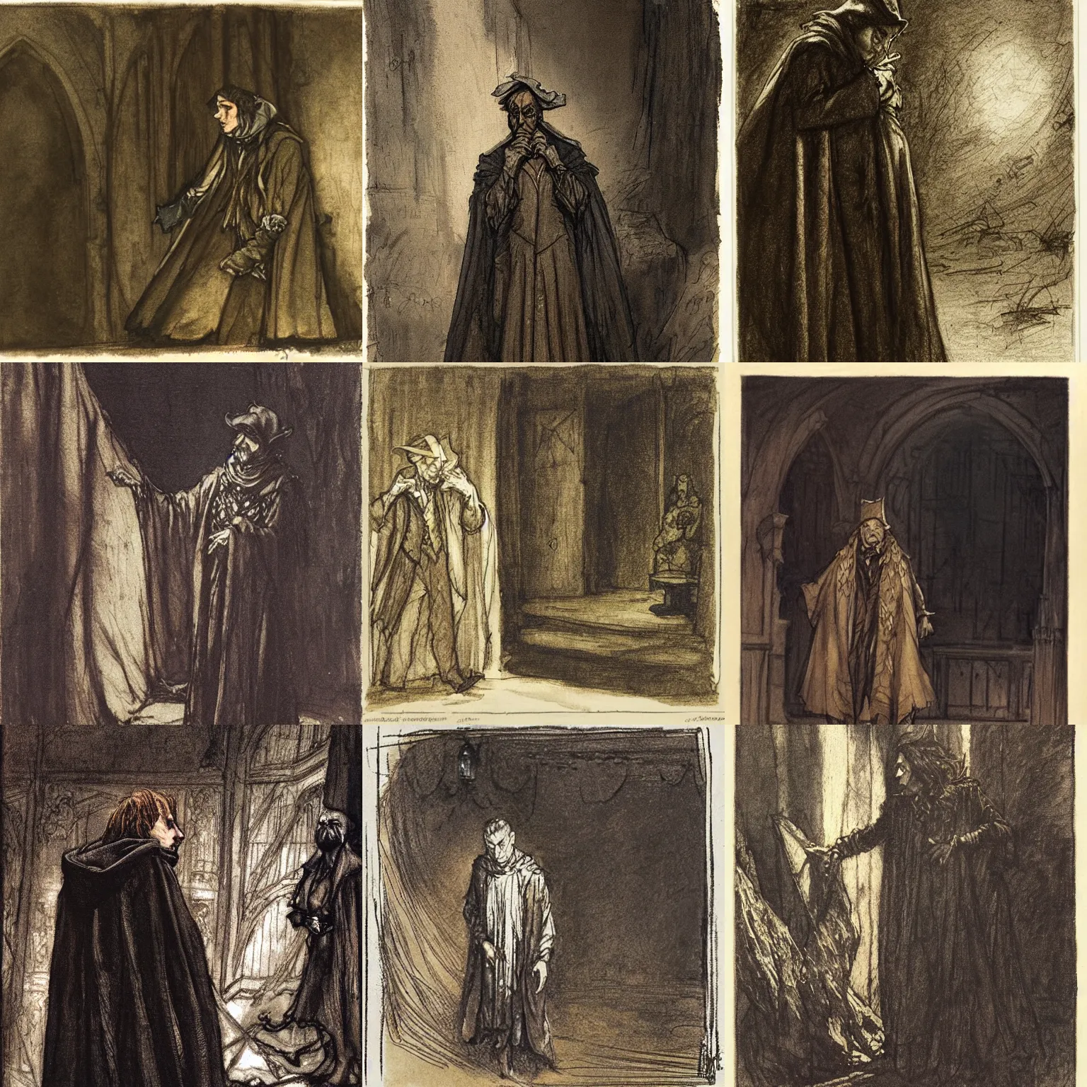 Prompt: an actor is playing on stage | smart, cowardly faust ( in a brown cloak ) from faust, dark shadows, low key lighting, dark background, [ theatrical ], oil painting, character concept art by arthur rackham, greg rutkowski, gustave courbet, jan matejko and j. dickenson