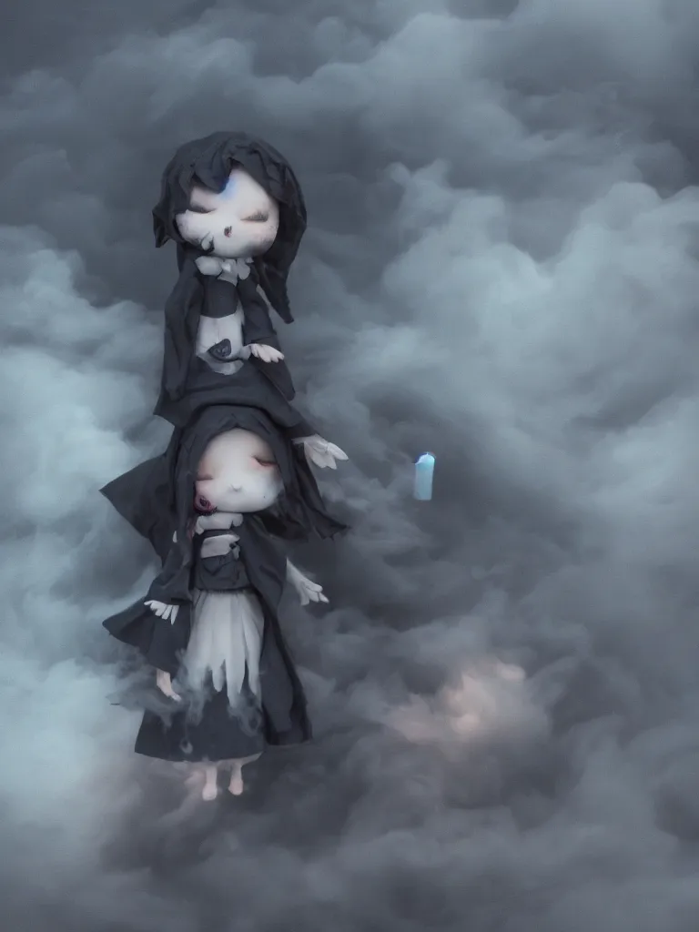 Image similar to cute fumo plush of a cursed frail witch girl held tight in the arms of a ghost, hugging, melting volumetric smoke and fog, environment map pbr reflective stormy water, goth, vignette, vray