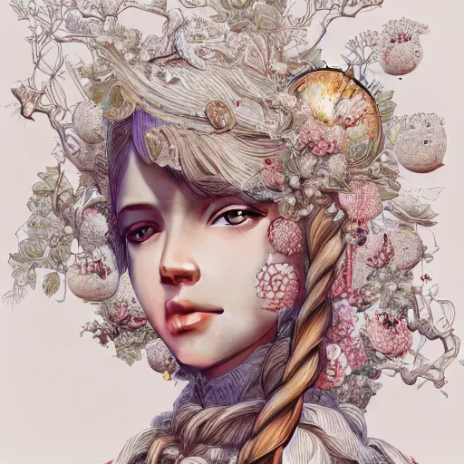 Image similar to the portrait of an absurdly beautiful, graceful, elegant, sophisticated, sensual young teen girl made up of lemons looking up, an ultrafine hyperdetailed illustration by kim jung gi, irakli nadar, intricate linework, bright colors, octopath traveler, final fantasy, unreal engine highly rendered, global illumination, radiant light, detailed and intricate environment