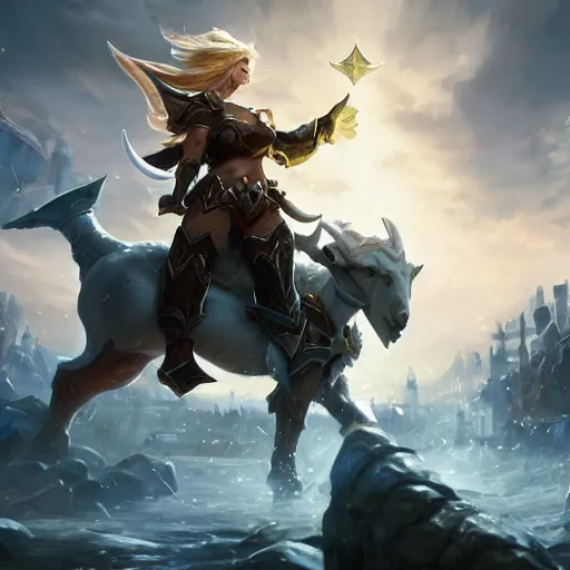 Prompt: a blonde paladin woman holding her shield up fighting a giant goat on the streets of a fantasy town, league of legends splash art, deiv calviz, splash art, natural light, elegant, intricate, fantasy, atmospheric lighting, by greg rutkowski, league of legends splash art, hd wallpaper, ultra high details