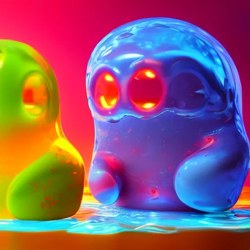 Image similar to lava lamp, gelatinous cute creature inside, happy, playful, vivid, globules, 8 k, octane render