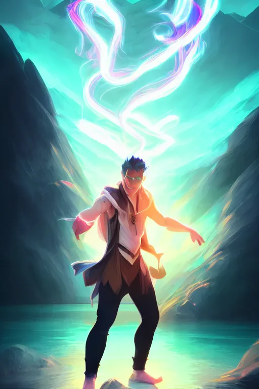 Prompt: a human elemental sorcerer, mountainous lake setting, colorful magic effects, white skin, portrait, male, clothed, sharp focus, digital art, concept art, trending on artstation, dynamic lighting, by emylie boivin and rossdraws