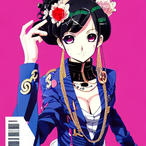 Image similar to Magazine Cover Anime key visual of a Gucci girl; official media; typography; drawn by Hirohiko Araki; Jojo's Bizarre Adventure; Jojolion, portrait, made by Stanley Artgerm Lau, WLOP, Rossdraws, James Jean, Andrei Riabovitchev, Marc Simonetti, Yoshitaka Amano, ArtStation