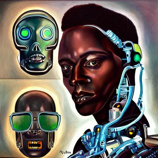 Image similar to a realistic oil painting of a black man as a cybernetic cyborg, surrealism portrait, surrealism album cover