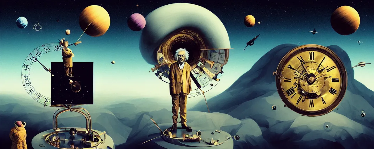 Image similar to duotone surreal illustration 3 / 4 portrait of albert einstein measuring time on salvadore dali clock in outer space dark starry background. golden ratio accidental renaissance. by sachin teng and sergey kolesov and ruan jia and heng z. graffiti art, scifi, fantasy, hyper detailed. octane render. concept art. trending on artstation