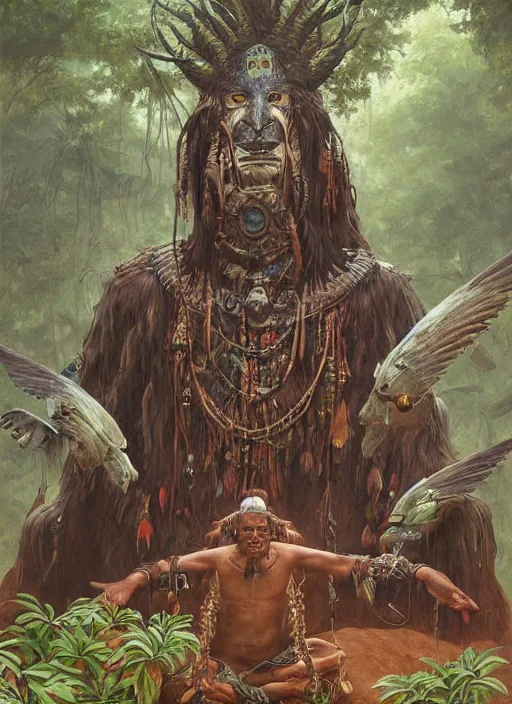 Image similar to a shaman sitting in the jungle, with faces of ancestors in the sky wearing tribal masks looking at him, hyper detailed, art by christophe vacher