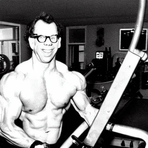 Prompt: Rick Moranis pumping iron in the gym next to Arnold vintage