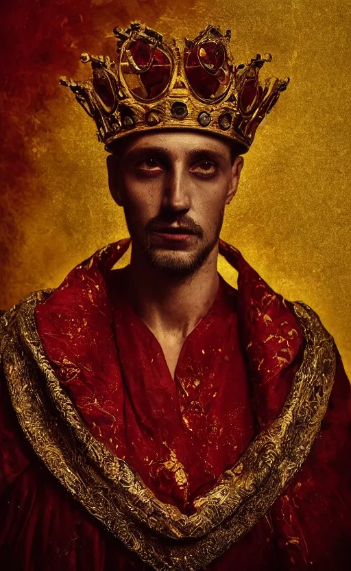 Image similar to 'Portrait of Crowned King Arthur' by Lee Jeffries royally decorated, whirling plasma, atmospheric motes, red and gold Sumptuous garb, gilt silk fabric, radiant colors, fantasy, perfect lighting, studio lit, micro details,