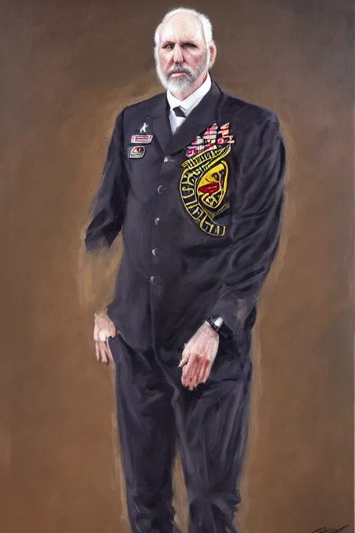 Prompt: full body portrait of the dictator of the san antonio spurs, 1 8 8 9, in full military garb, greg popovich, oil on canvas by william sidney mount, trending on artstation