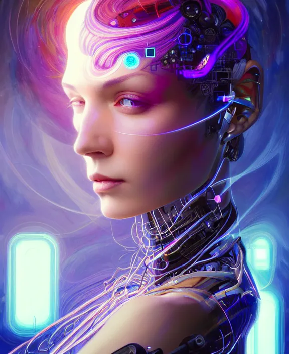 Image similar to a whirlwind of souls rushing inside the metaverse, hologram, half body, neurochip, shaved temple, piercing, jewelry, android, cyborg, cyberpunk face, by loish, d & d, fantasy, intricate, elegant, highly detailed, colorful, digital painting, artstation, concept art, art by artgerm and greg rutkowski and alphonse mucha