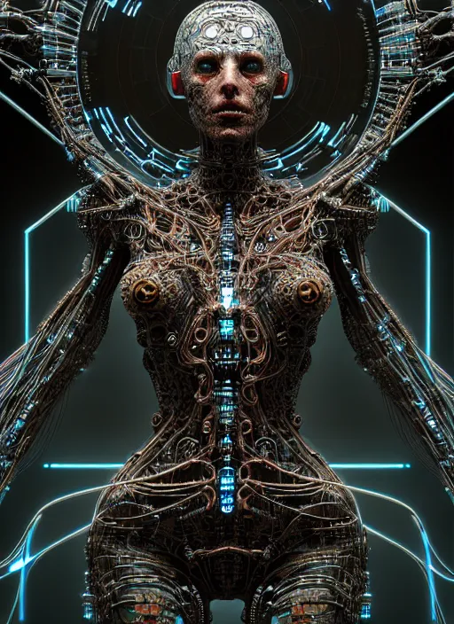 Prompt: timeless cybernetic deity with circuitry skin and networked mind tripping on acid, intricate detail, royo, whealan, giger, klimt, hd, octane render, unreal engine,