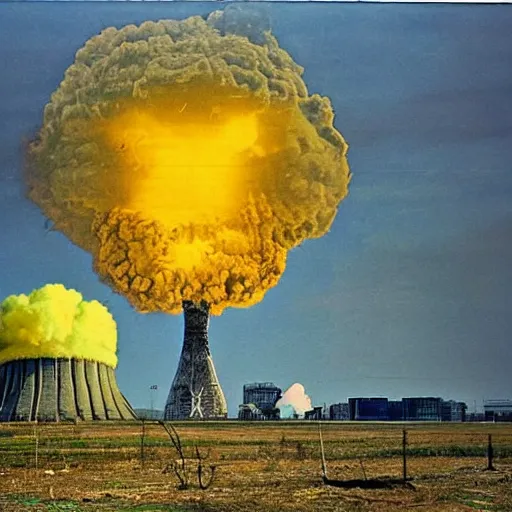 Image similar to radiation eats a real ukrainian and ugly dwarfs alive wild pain and desperate selfies, all dressed and painted in dirty yellow - blue colors against the backdrop of a huge nuclear explosion from which the skin has already burned to the bone