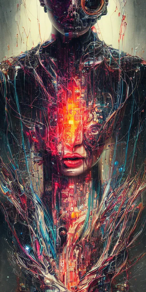 Prompt: portrait of computer & circuits, melting, cyborg, 8 k, by tristan eaton, stanley artgermm, tom bagshaw, greg rutkowski, carne griffiths, ayami kojima, beksinski, giger, trending on deviantart, face enhance, hyper detailed, minimalist, cybernetic, android, blade runner, full of colour, super detailed