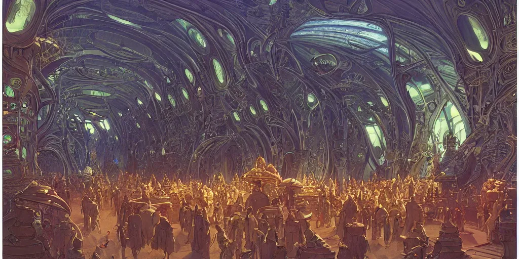 Image similar to a cinematic shot of the interior of a sci - fi space station with ornate elven architecture bustling with people by jean giraud moebius, crystalline, emerald, detailed matte illustration by moebius, clean lines, sharp focus