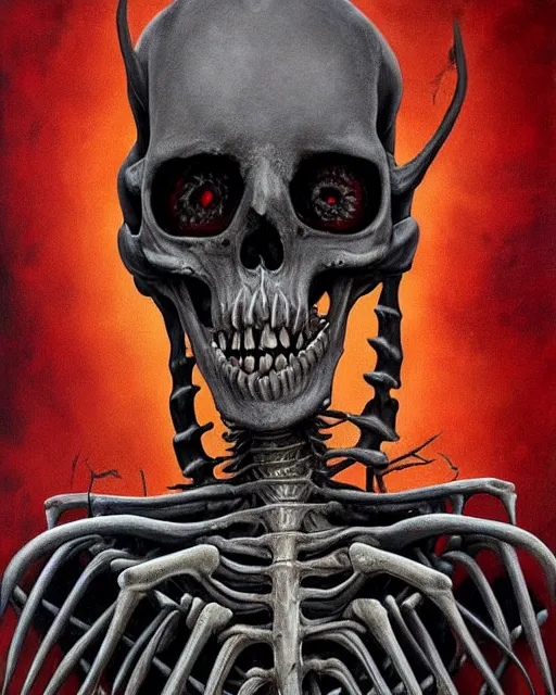 Image similar to Haunting horrifying hyperrealistic detailed painting of a tall slim surreal extraterrestrial creature made of skeleton bones covered in thick black blood, heavy metal, metal album cover, disgusting, creepy, unsettling, and bloodshot eyeballs, hyper detailed, trending on Artstation