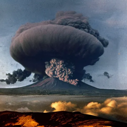 Image similar to cinematic photo of hundreds of zeppelins clustered around an active volcano on an island