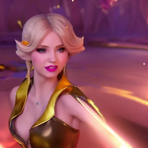 Image similar to still of pretty Lux (League of Legends) in KDA More music video. 3d render, octane render, game art, realistic, highly detailed, trending on artstation, 4k, trending on artstation, pixar, cgsociety, unreal engine 5, redshift render, trending on artstation, blender, behance, cg