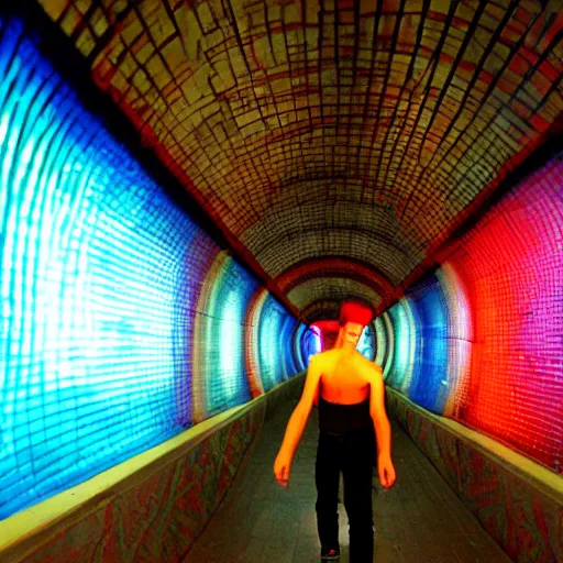 Prompt: terrified young man in a straightjacket running toward you in the Bund Sightseeing Tunnel, Shanghai, China by Alex Grey and Jeffrey Smith