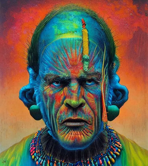 Image similar to Portrait painting in a style of Beksinski mixed with Alex Grey of an old shaman dressed in a colorful traditional clothes. Very psychodelic