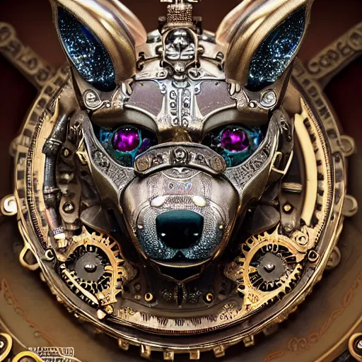 Prompt: A steampunk fox head with sparkling eyes made from ornate engraved full plate armor and Rolex gears and jewels and gems, macro shot by Justin Gerard, unreal engine, detailed, intricate, physically based rendering