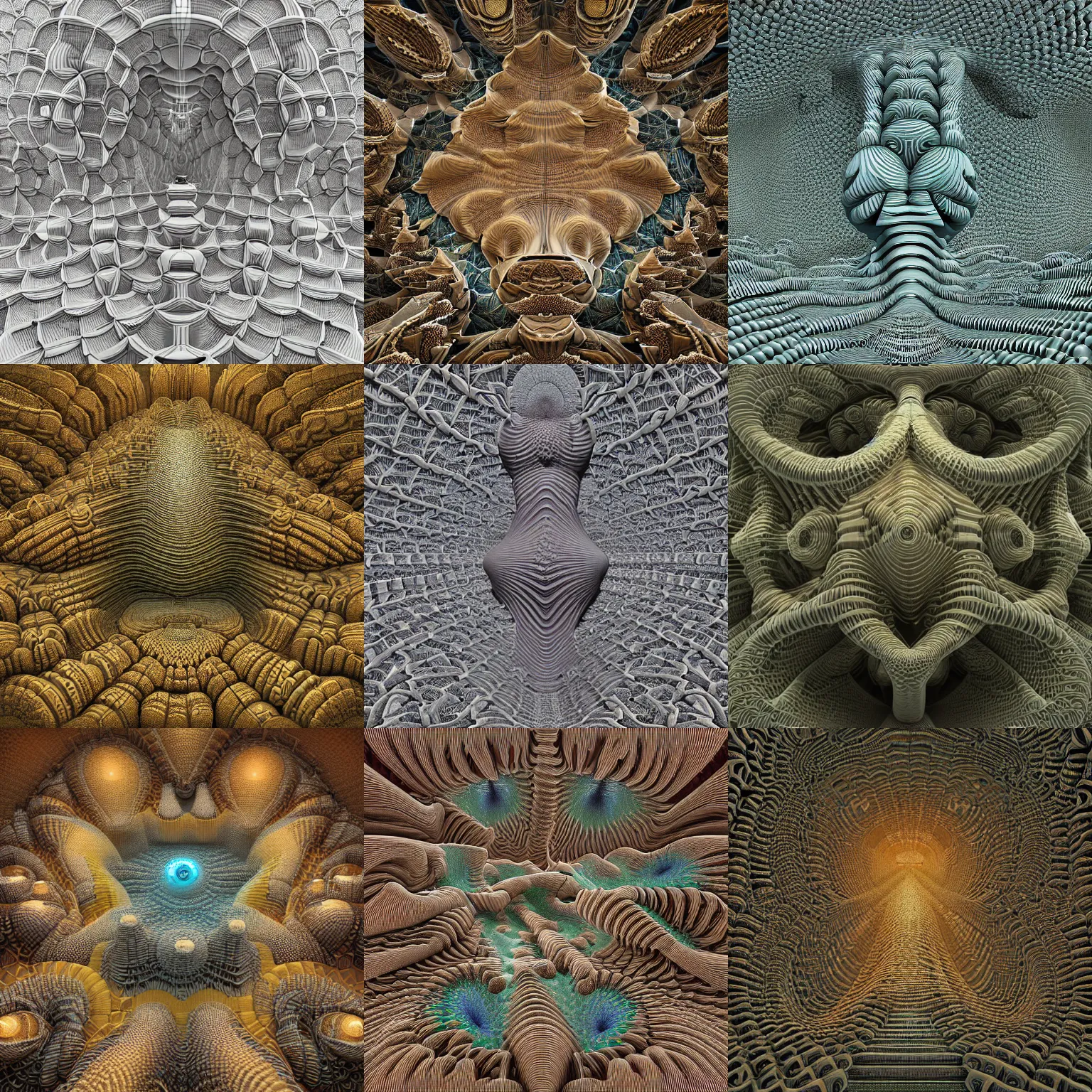 Prompt: hyper detailed 3d mandelbulb fractal - human shape, by Jacek Yerka, Fractal Lab render, Houdini algorithmic generative render, James Gilleard, Mark Ryden, Wolfgang Lettl, hints of Yayoi Kasuma, octane render, 8k